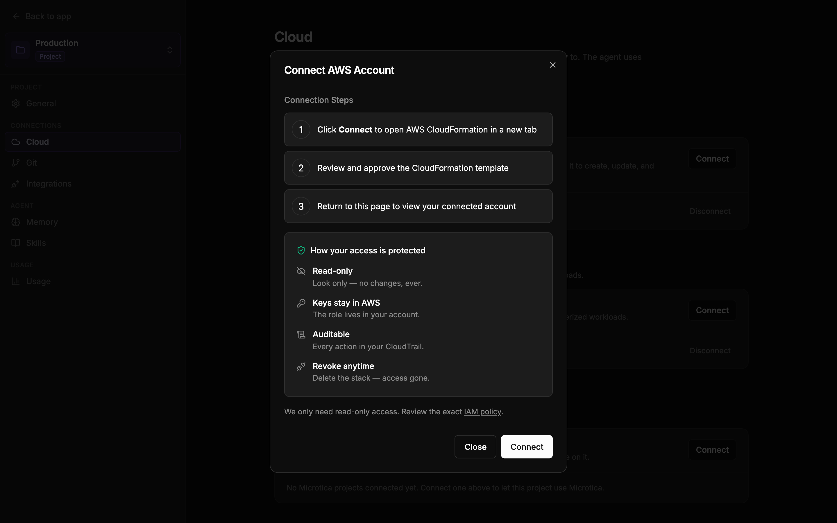The Connect AWS Account dialog: three connection steps and the access-protection summary — read-only, keys stay in AWS, auditable, revoke anytime