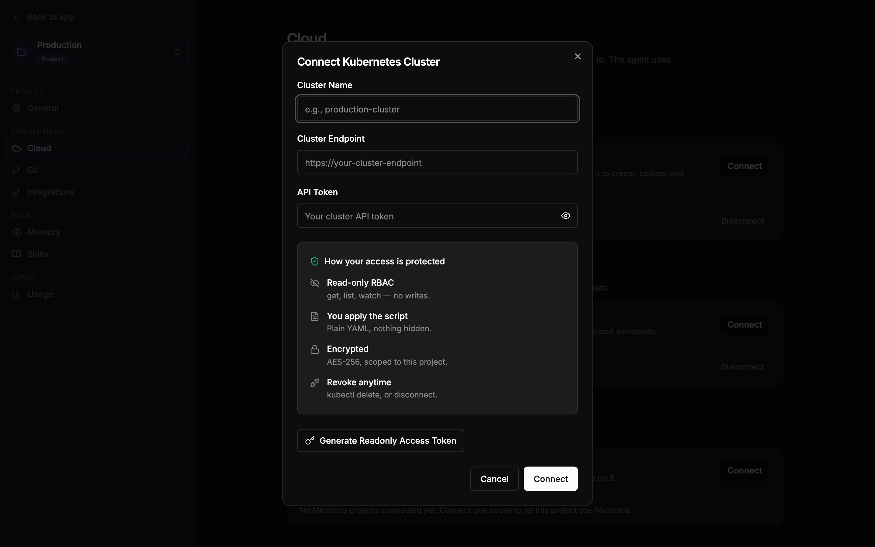 The Connect Kubernetes Cluster dialog with Cluster Name, Cluster Endpoint, and API Token fields plus the Generate Readonly Access Token option