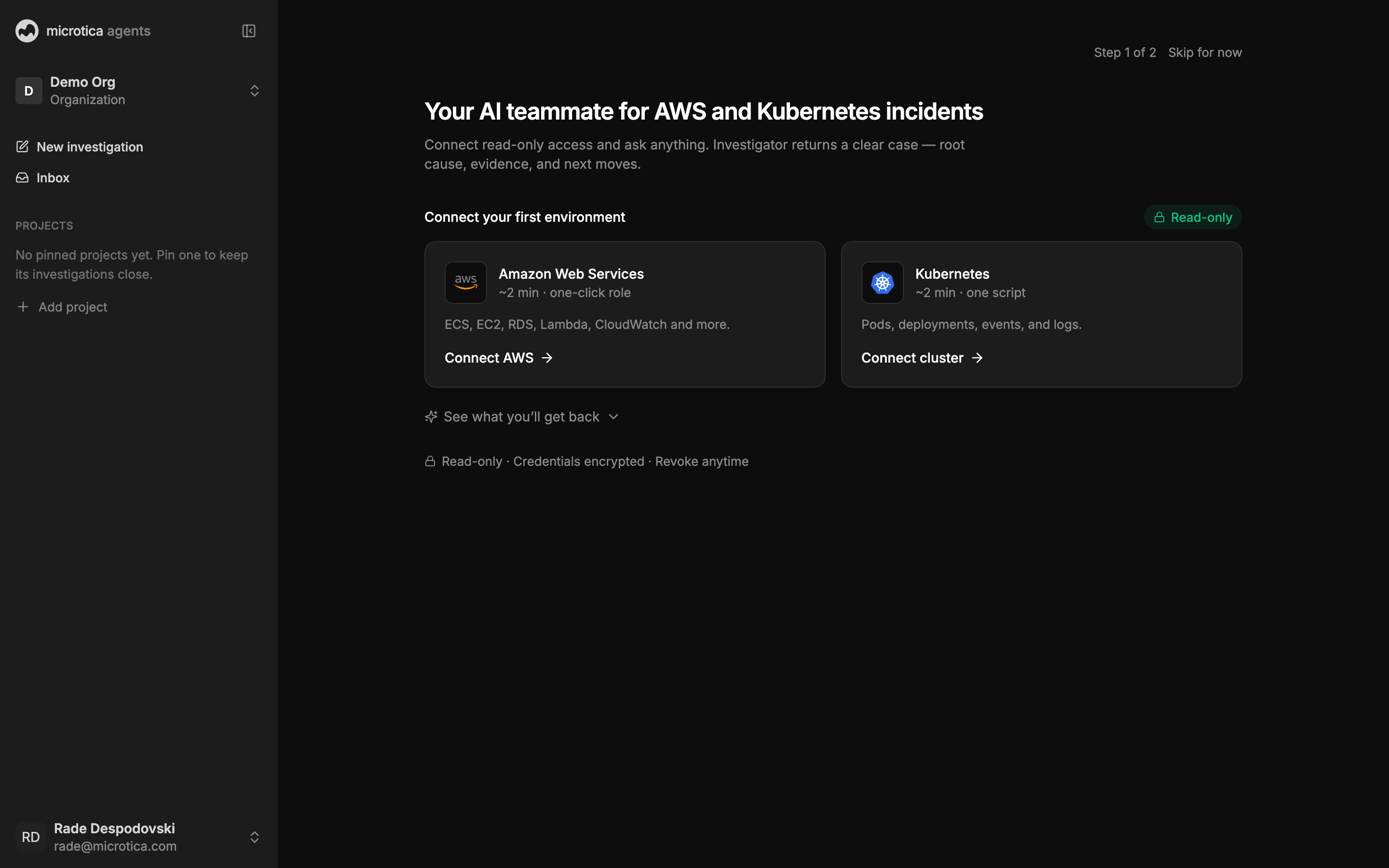 Onboarding step 1: Connect AWS and Connect cluster cards, each marked as a roughly two-minute read-only setup