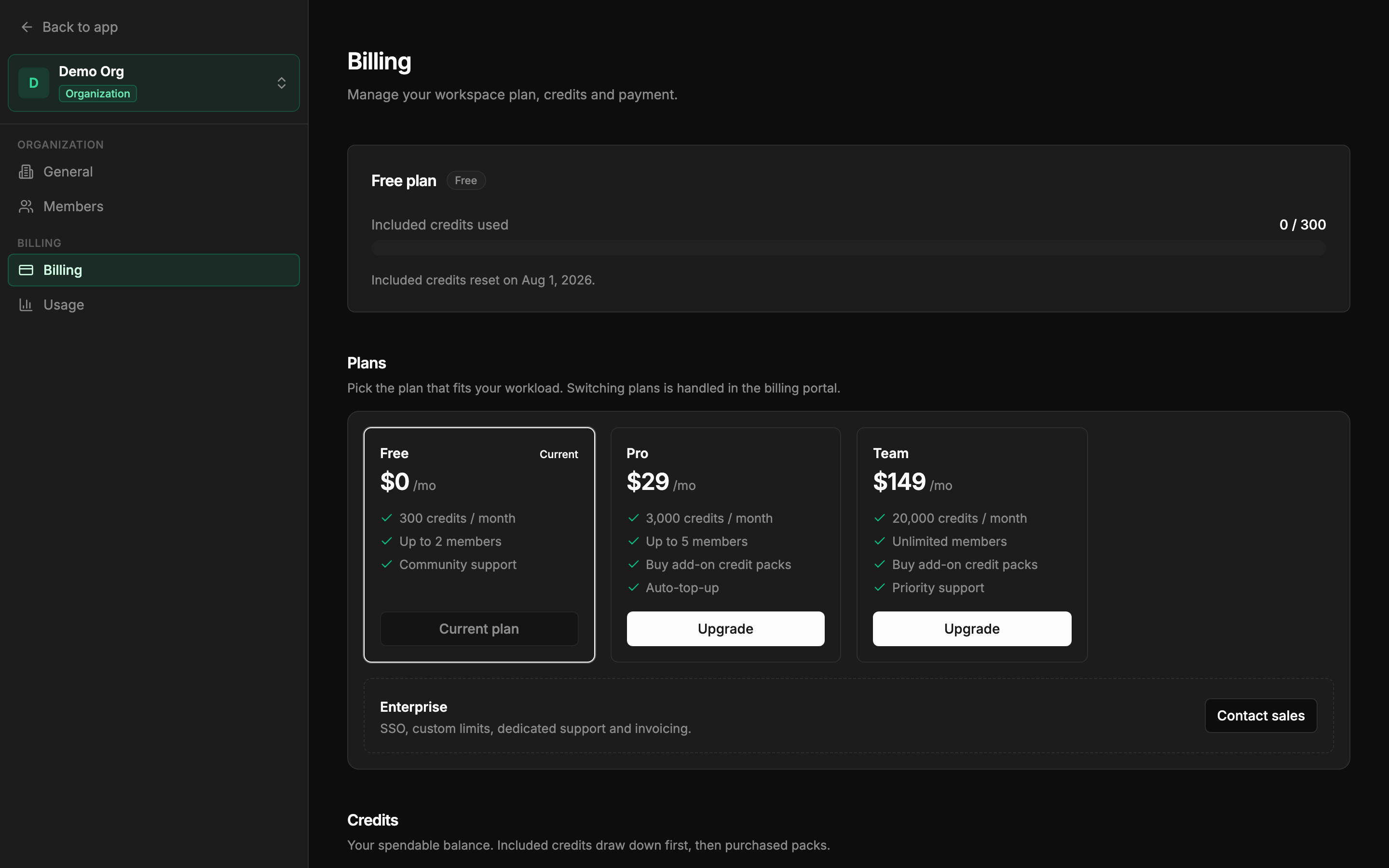 The Billing page showing the current plan, credit balance, and the Free, Pro, Team, and Enterprise plan cards