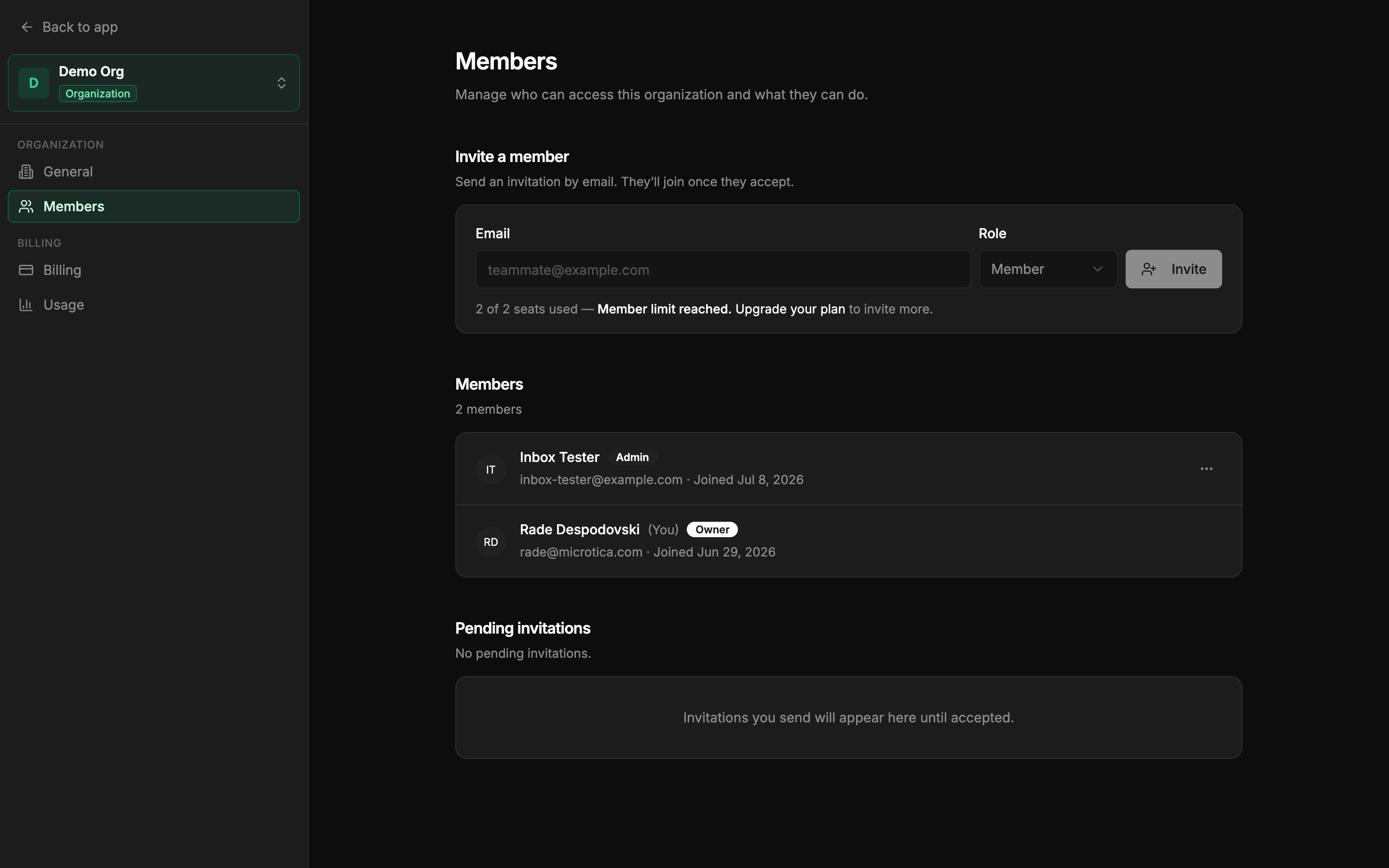 The Members settings page with two members and their roles, the invite form, and seat usage