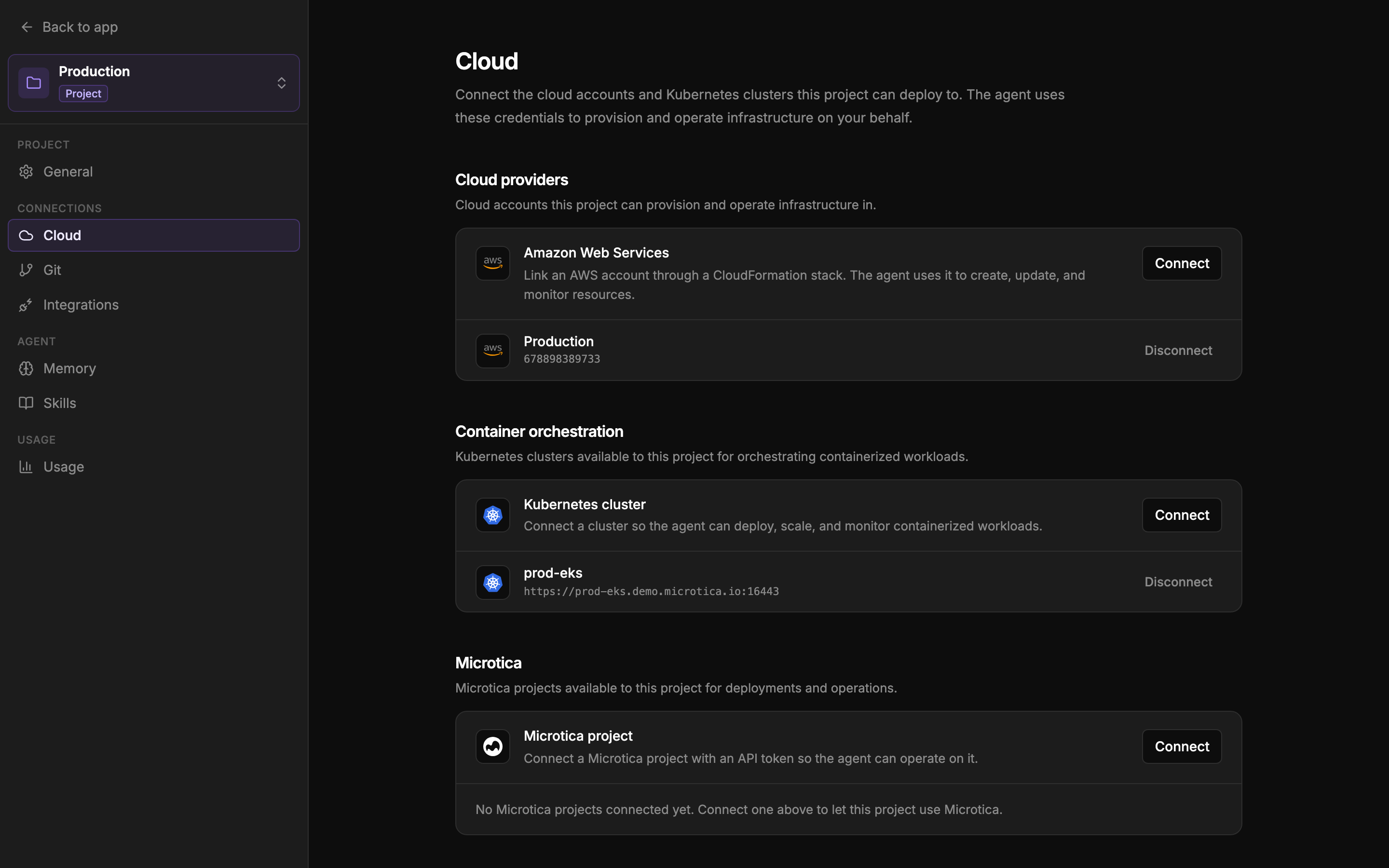 The Cloud settings page with a connected AWS account and a connected Kubernetes cluster