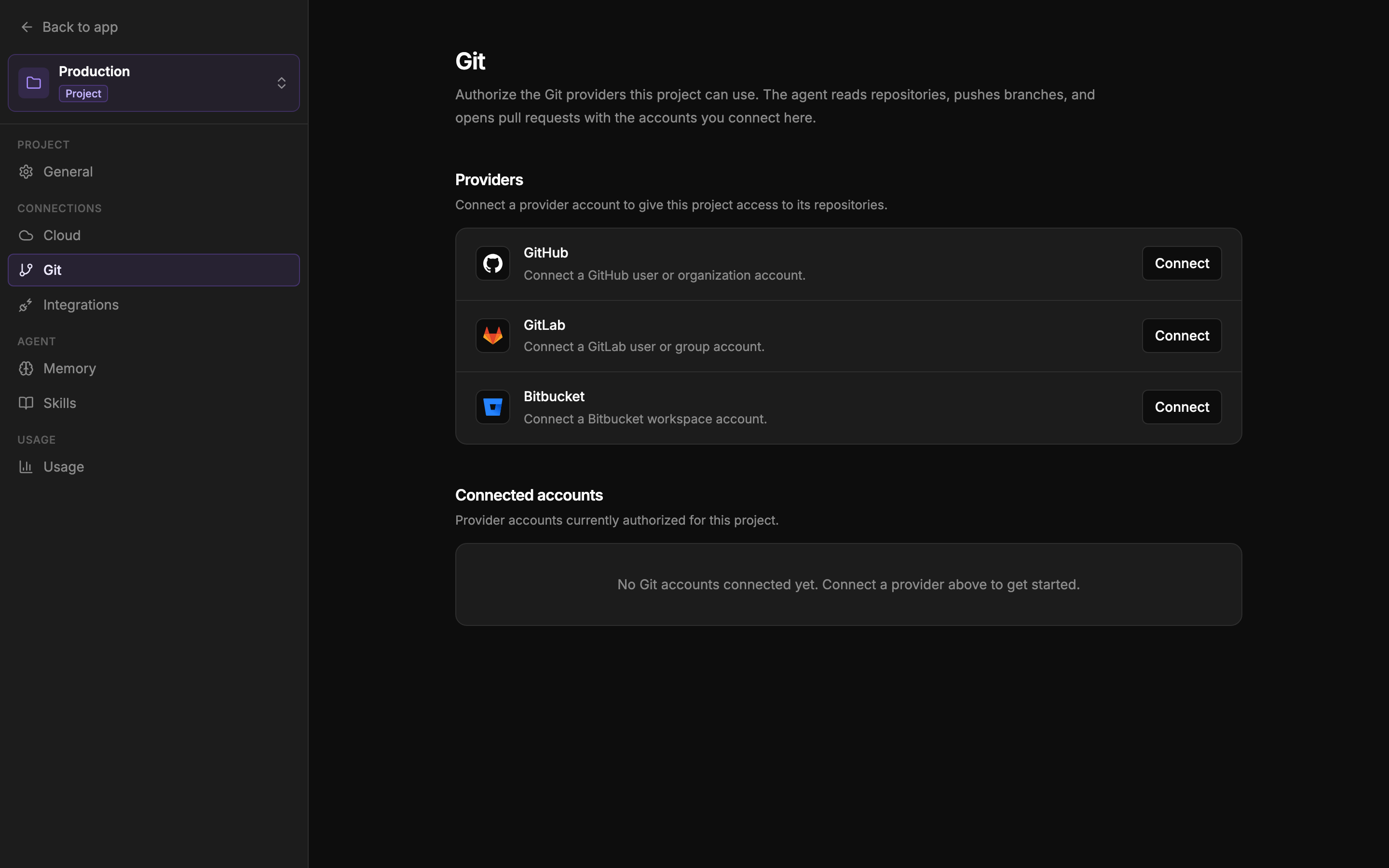 The Git settings page listing GitHub, GitLab, and Bitbucket providers with Connect buttons