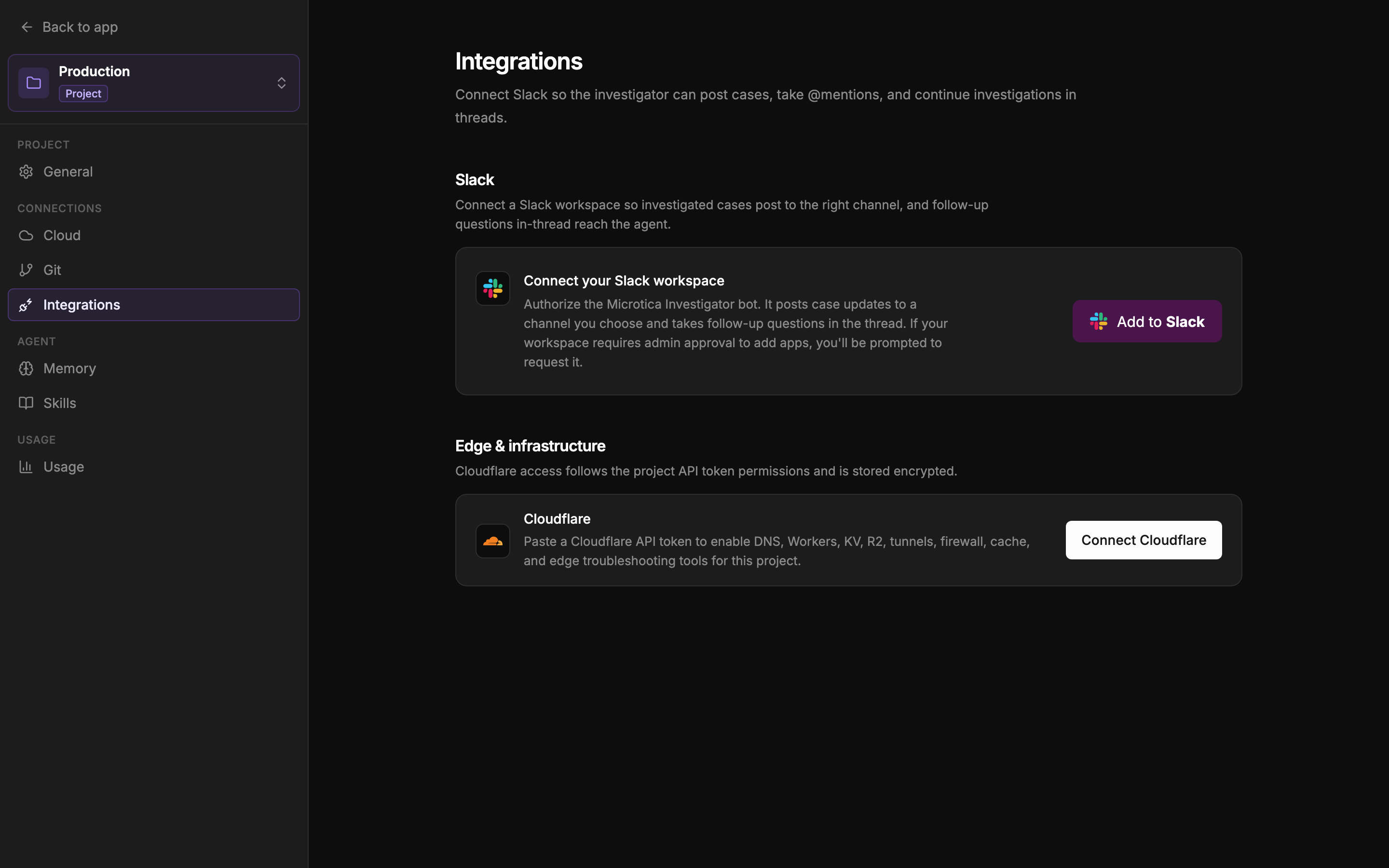 The Integrations settings page with the Slack section — Add to Slack, channel routing — and the Cloudflare section below